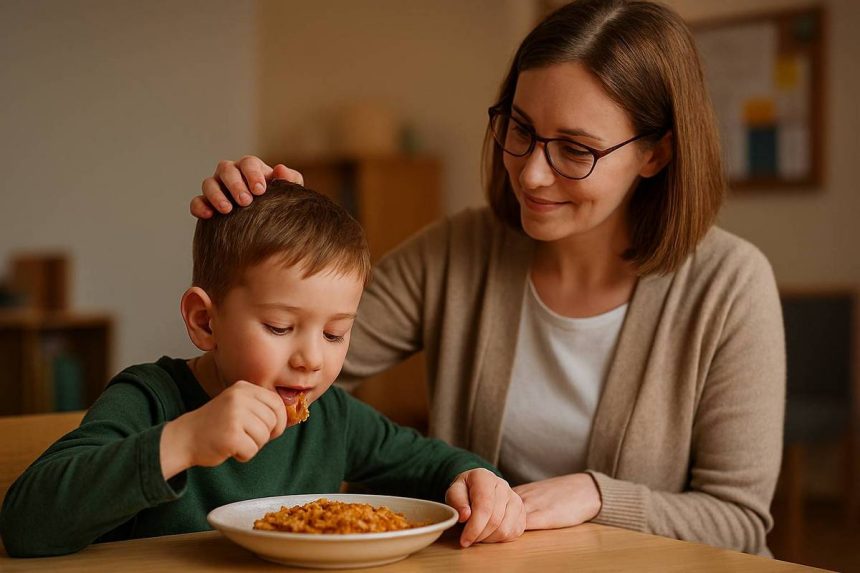 Dijete sjedi za stolom i jede topli obrok, dok ga stručna radnica centra nježno gladi po kosi u znak podrške i brige.