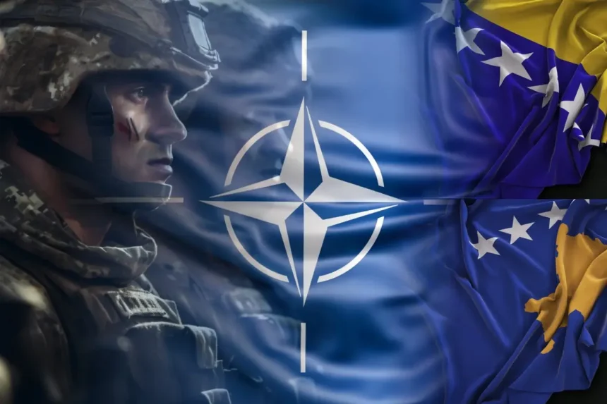 Ilustracija: NATO vojnik, nato zastava uz zastave Kosova i Bosne i Hercegovine.