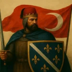 Ilustracija: srednjovjekovni bosanski kralj s štitom srednjovjekovne Bosne, sa turskim fesom na glavi i turskom zastavom u pozadini.