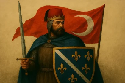Ilustracija: srednjovjekovni bosanski kralj s štitom srednjovjekovne Bosne, sa turskim fesom na glavi i turskom zastavom u pozadini.