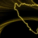 Zlatno-žuti obrisi granica Bosne i Hecegovine na crnoj podlozi.