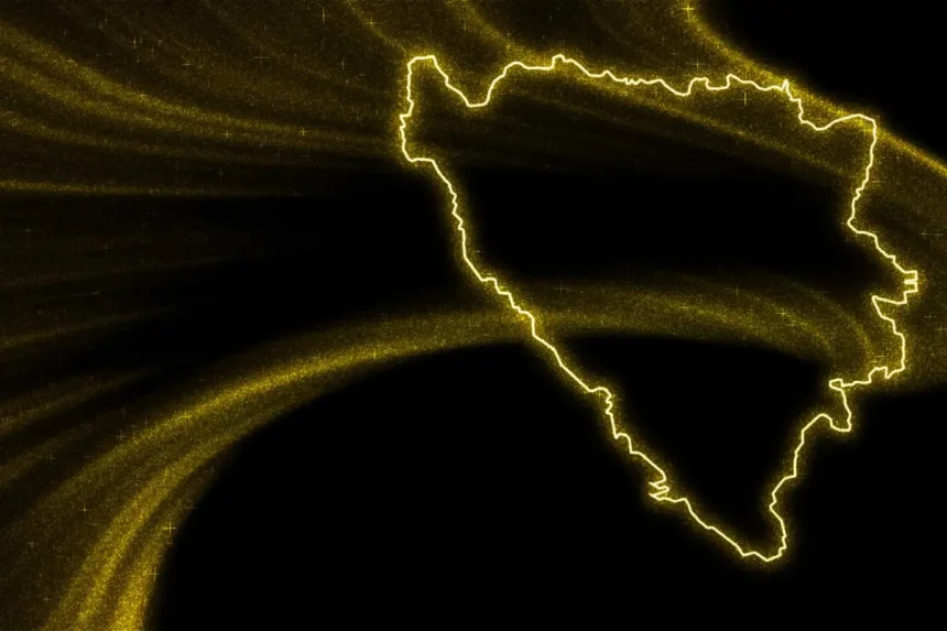 Zlatno-žuti obrisi granica Bosne i Hecegovine na crnoj podlozi.