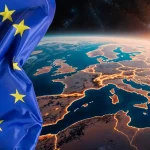 Pogled na kontinent Europu iz svemira. Na lijevo jstrani slike zastava EU.