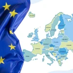 Politička karta Europe. Lijevi dio slike prekriva zastava EU.