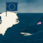 Ilustracija: prikaz otoka Grenlanda na kojem je zabodena EU zastava. Oko toka kruži morski pas sa oznama države SAD.
