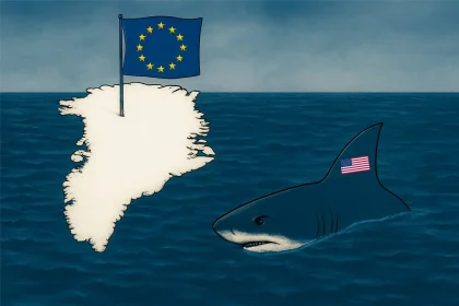 Ilustracija: prikaz otoka Grenlanda na kojem je zabodena EU zastava. Oko toka kruži morski pas sa oznama države SAD.