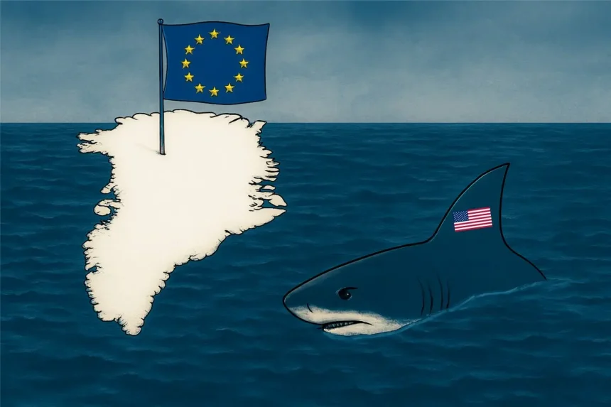 Ilustracija: prikaz otoka Grenlanda na kojem je zabodena EU zastava. Oko toka kruži morski pas sa oznama države SAD.