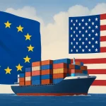 EU i SAD zastave s kontejnerskim brodom između koji simbolizira trgovinski sukob.