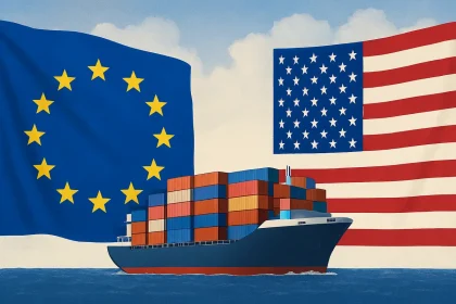 EU i SAD zastave s kontejnerskim brodom između koji simbolizira trgovinski sukob.