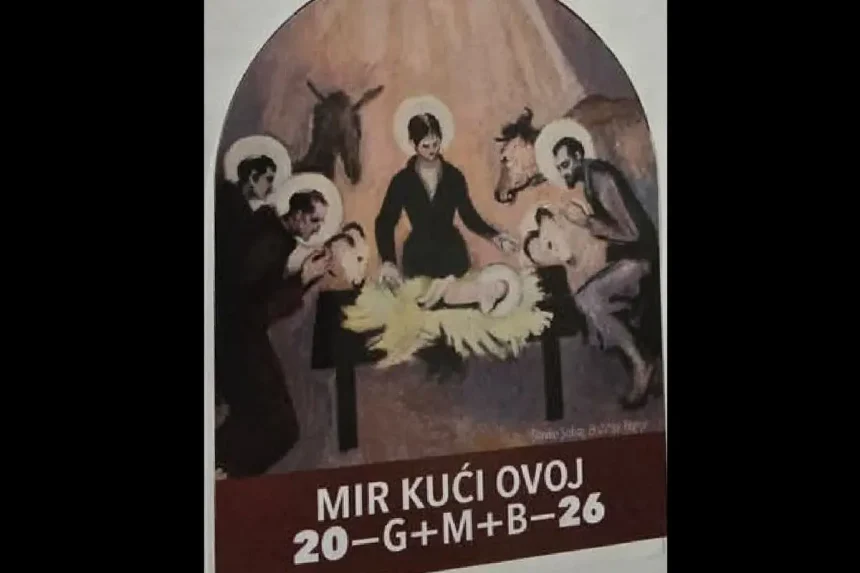 Sličica s motivom slike Slavka Šohaja Jaslice sv. Franje.