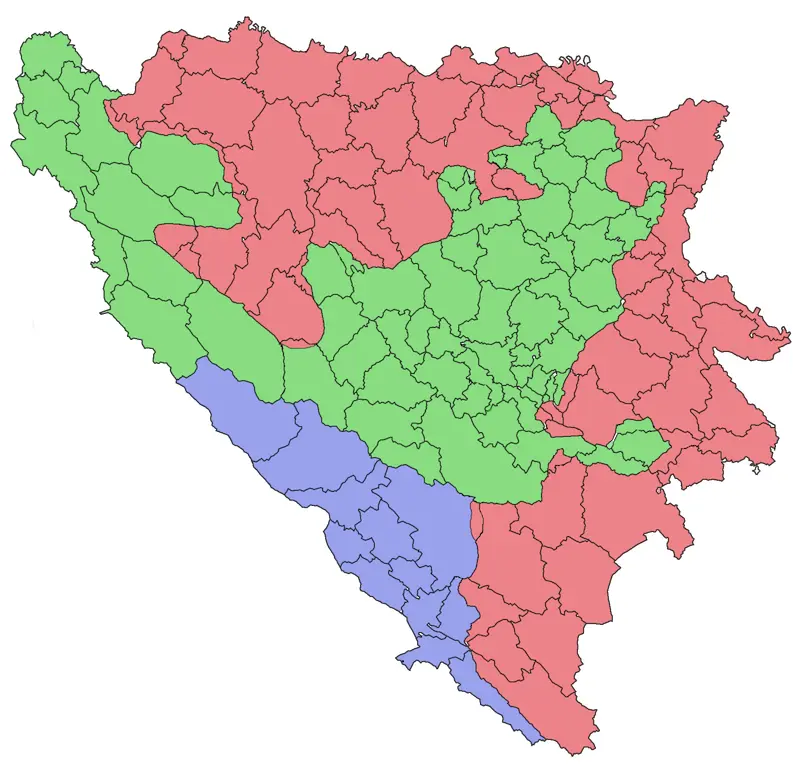 Karta Bosne i Hercegovine s jednom od mogućih administrativnih podjela