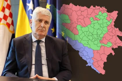 Dragan Čović, u pozadini karta BiH sa ucrtanim trećim entitetom.