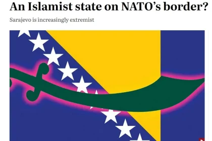 Zastava Bosne i Hrcegovine preko koji je ilustrirana zelena islamska sablja.