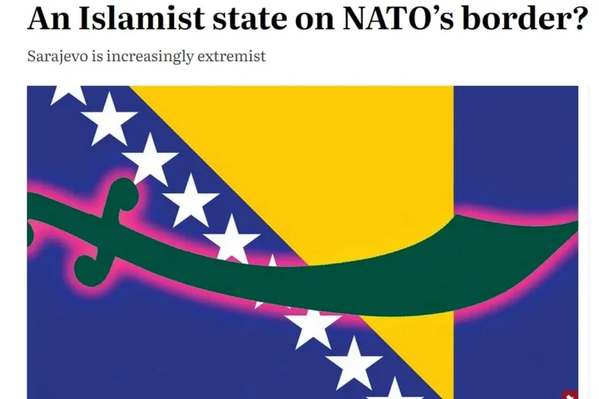 Zastava Bosne i Hrcegovine preko koji je ilustrirana zelena islamska sablja.