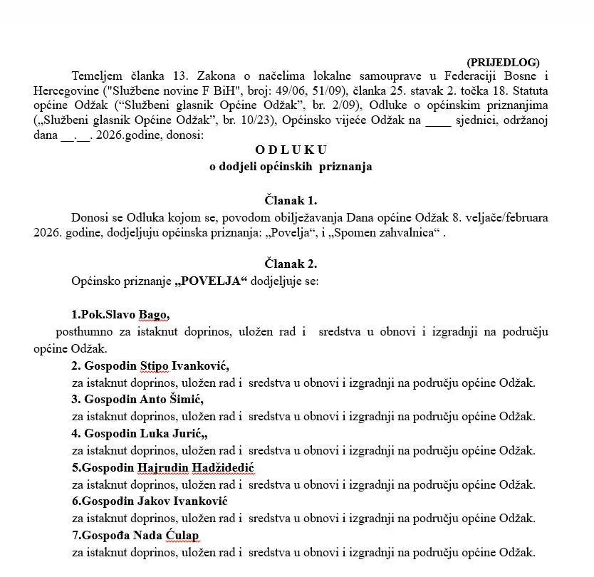 Tekst odluke OV Odžak o dodjel povelje zaslužnim pojedincima