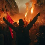 Prosvjedi mnoštva u noćnim satima na ulicama grada uz baklje i crvene zastave