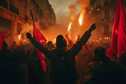 Prosvjedi mnoštva u noćnim satima na ulicama grada uz baklje i crvene zastave