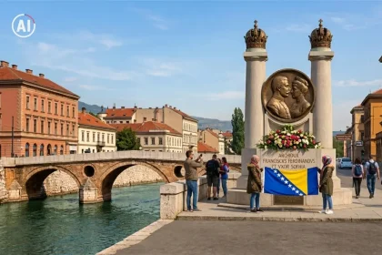 Rekonstrukcija spomenika Franji Ferdinandu u Sarajevu pored Latinske ćuprije.