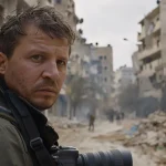 Ratni reporter s kamerom u ruci u krupnom planu. Iza ruševine grada.