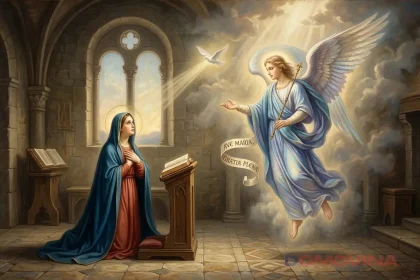 Ilustracija na kojoj se anđeo Gabrijel ukazuje Djevici Mariji.