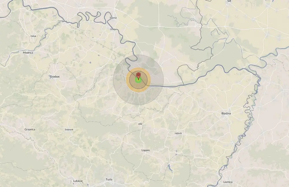 Mapa simulacije razmjera učinka nuklearne bombe na području sjveroistočne Bosne.