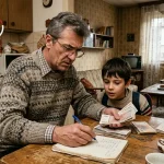 Sredovječni čovjek za stolom broji novac i zapisuje. Pored dječak sa zanimanjem sve prati.