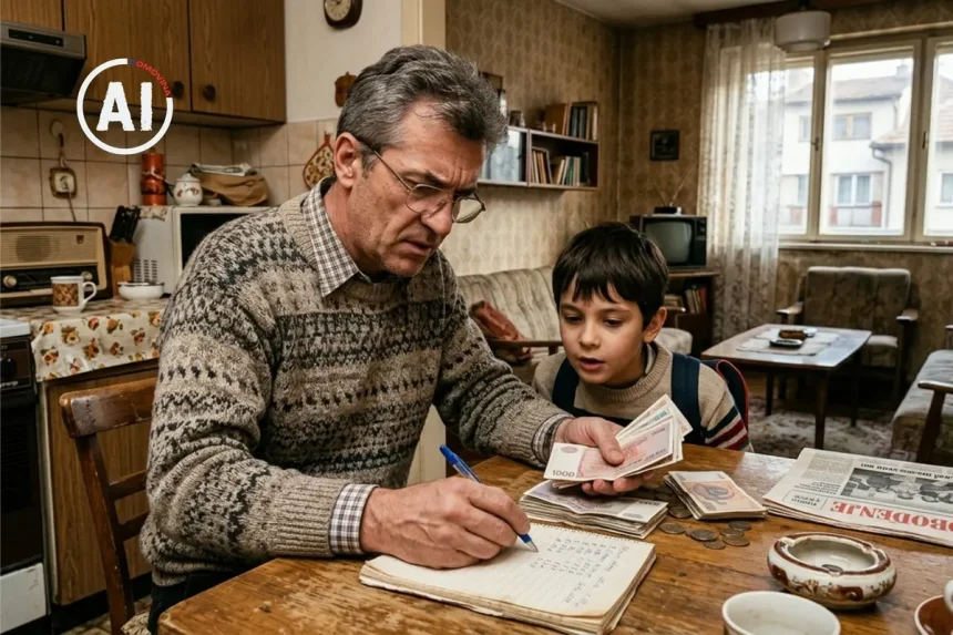 Sredovječni čovjek za stolom broji novac i zapisuje. Pored dječak sa zanimanjem sve prati.
