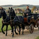 Sredovječni čovjek u kožnom kaputu se vozi u fijakeru kojeg vuku dva konja vranca.