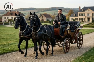 Sredovječni čovjek u kožnom kaputu se vozi u fijakeru kojeg vuku dva konja vranca.