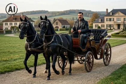 Sredovječni čovjek u kožnom kaputu se vozi u fijakeru kojeg vuku dva konja vranca.