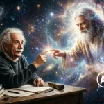AI ilustracija: Einstein kažiprstom dodiruje kažiprst Boga.