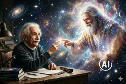 AI ilustracija: Einstein kažiprstom dodiruje kažiprst Boga.