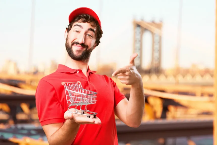 Trgovac u crvenoj majici s osmjehom na licu drži u ruci minijaturna trgovačka kolica.