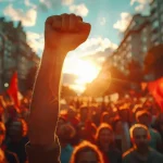 ilustracija komunističkih prosvjeda sa stisnutom pesnicom u krupnom planu