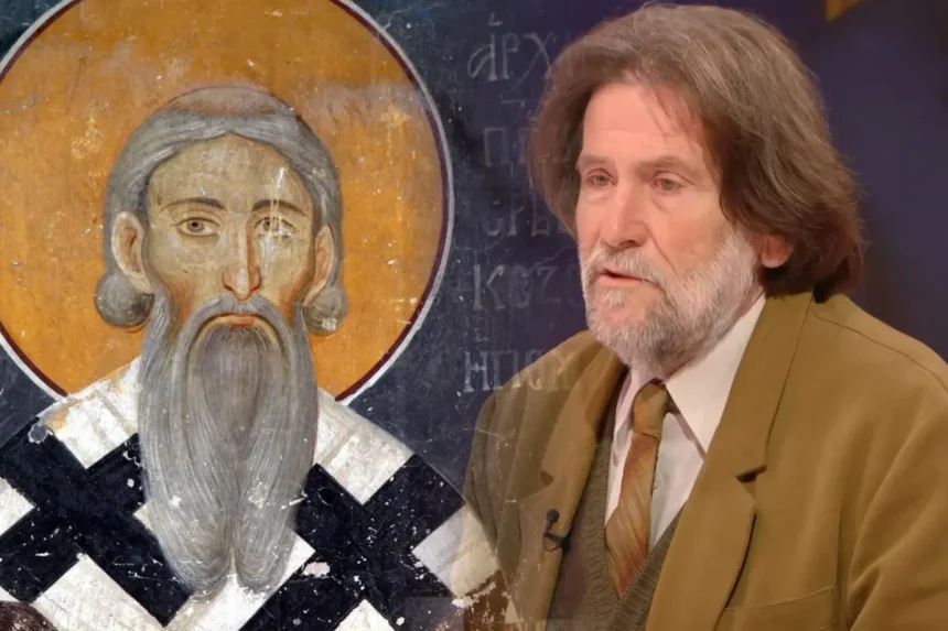 Prikaz sa freske Svetog Save i i njegovog kritičara Dragana Veselinova pored njega.