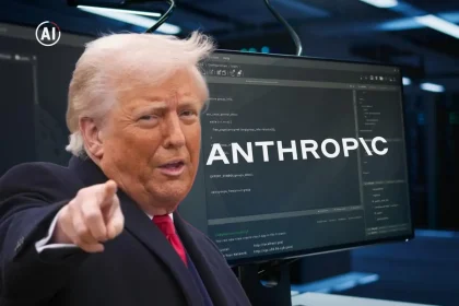 Predsjednik SAD upire prstom, iza na monitoru logo tvrtke Anthropic.