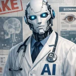 Digitalna ilustracija liječnika‑robota s oznakom „AI“ na bijelom mantilu