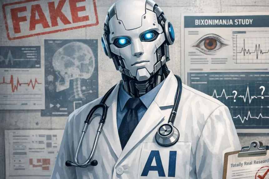 Digitalna ilustracija liječnika‑robota s oznakom „AI“ na bijelom mantilu