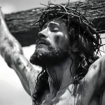 Isus na križu u krupnom planu. Crno-bijela ilustracija.