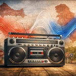 Retro kazetofon iz 80‑ih emitira crveno‑bijelo‑plave zvučne valove pred kartama Hrvatske i Srbije
