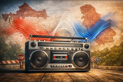 Retro kazetofon iz 80‑ih emitira crveno‑bijelo‑plave zvučne valove pred kartama Hrvatske i Srbije