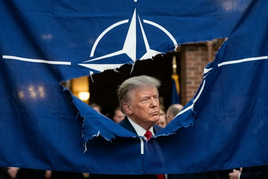 Pocijepana zastava NATO saveza, iza zastave lik američkog predsjednika Trumpa.
