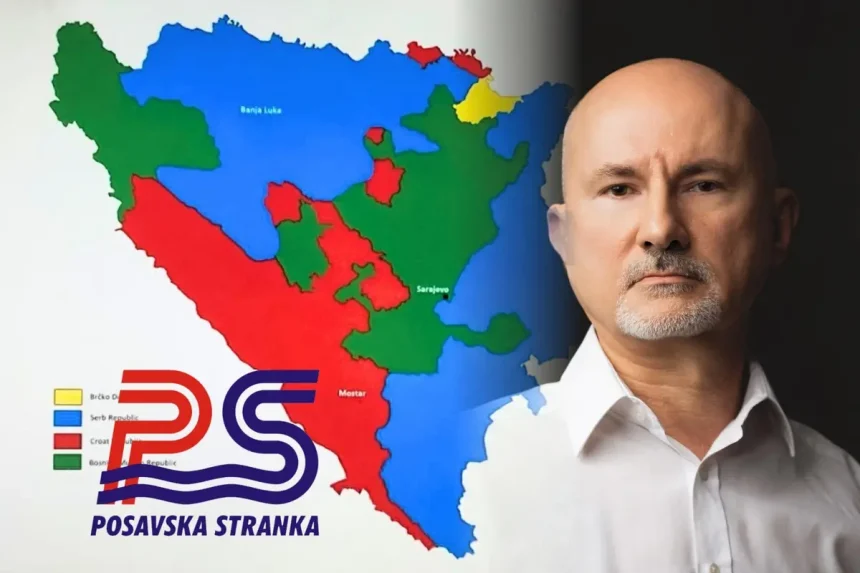 Kolažna slika s prikazom mape trećeg entiteta i predsjednikom Posavske stranke.