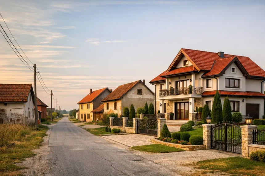 Ušoreno selo s nekoliko kuća, jedna moderno uređena, ostale skromne i prazne.
