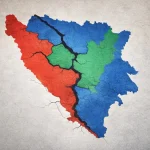Stilizirana karta Bosne i Hercegovine podijeljena na tri apstraktna dijela u različitim bojama.