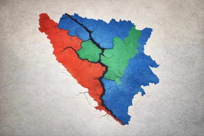 Stilizirana karta Bosne i Hercegovine podijeljena na tri apstraktna dijela u različitim bojama.