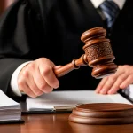 Sudac u crnom plaštu udaranjem čekića donosi presudu.