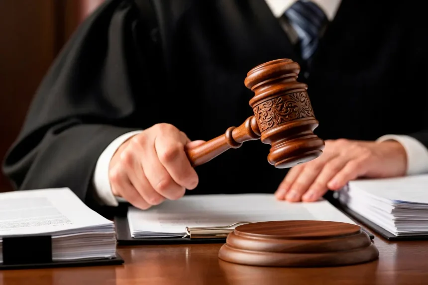 Sudac u crnom plaštu udaranjem čekića donosi presudu.