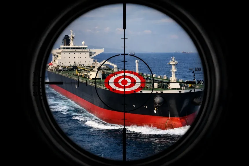 Naftni tanker u nišanu optičkog ciljnika.