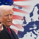 Predsjednik SAD-a Trump upire prstom. U pozadini zastava SAD-a i mapa članica NATO-a u Eropi